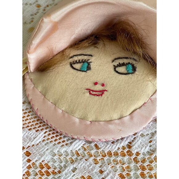 Antique 1930s Pincushion doll Face Embroidered  Silk Pink - Picture 14 of 15